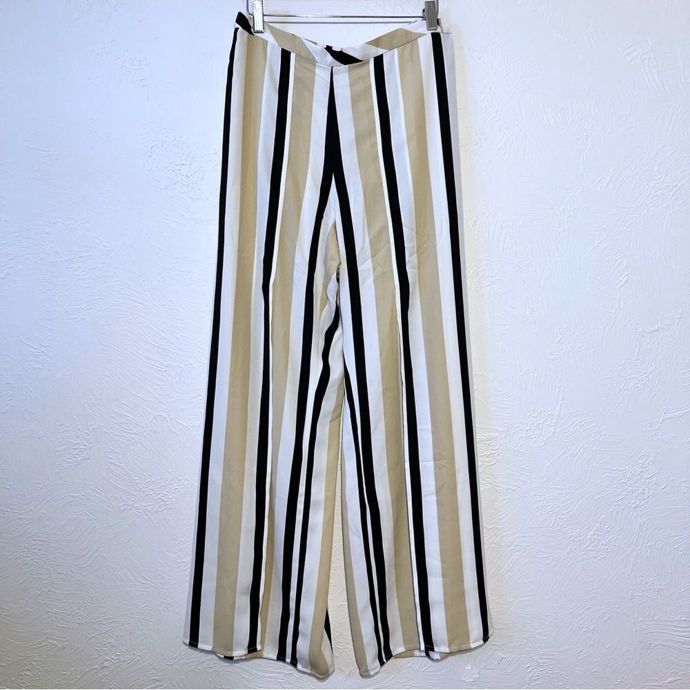 Soft Surroundings tan and black stripe open split wide leg pants size M NWT